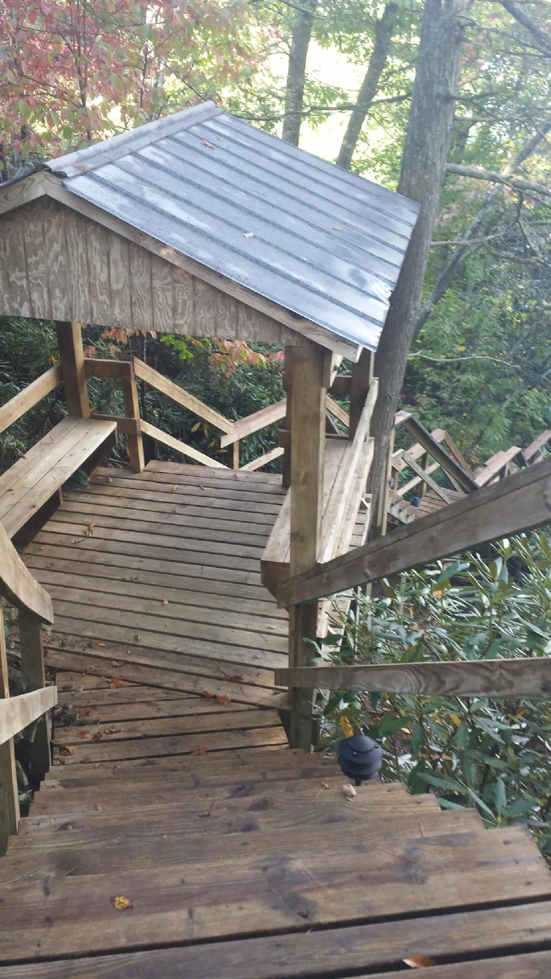 Metal roofed shelter over wooden steps on a wooded walkway — Skylight Repair & Installation work by our crew in Mingo Junction